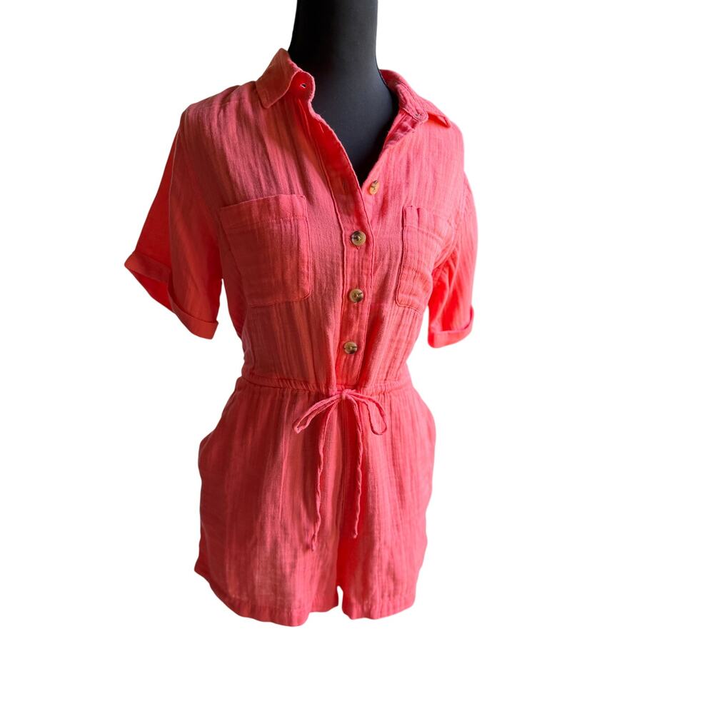 Old Navy XS Petite Coral Double Gauze Romper 100% Cotton Button Front Pockets